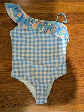Tommy Bahama Blue Gingham One-Shoulder Swimsuit with Floral Ruffle